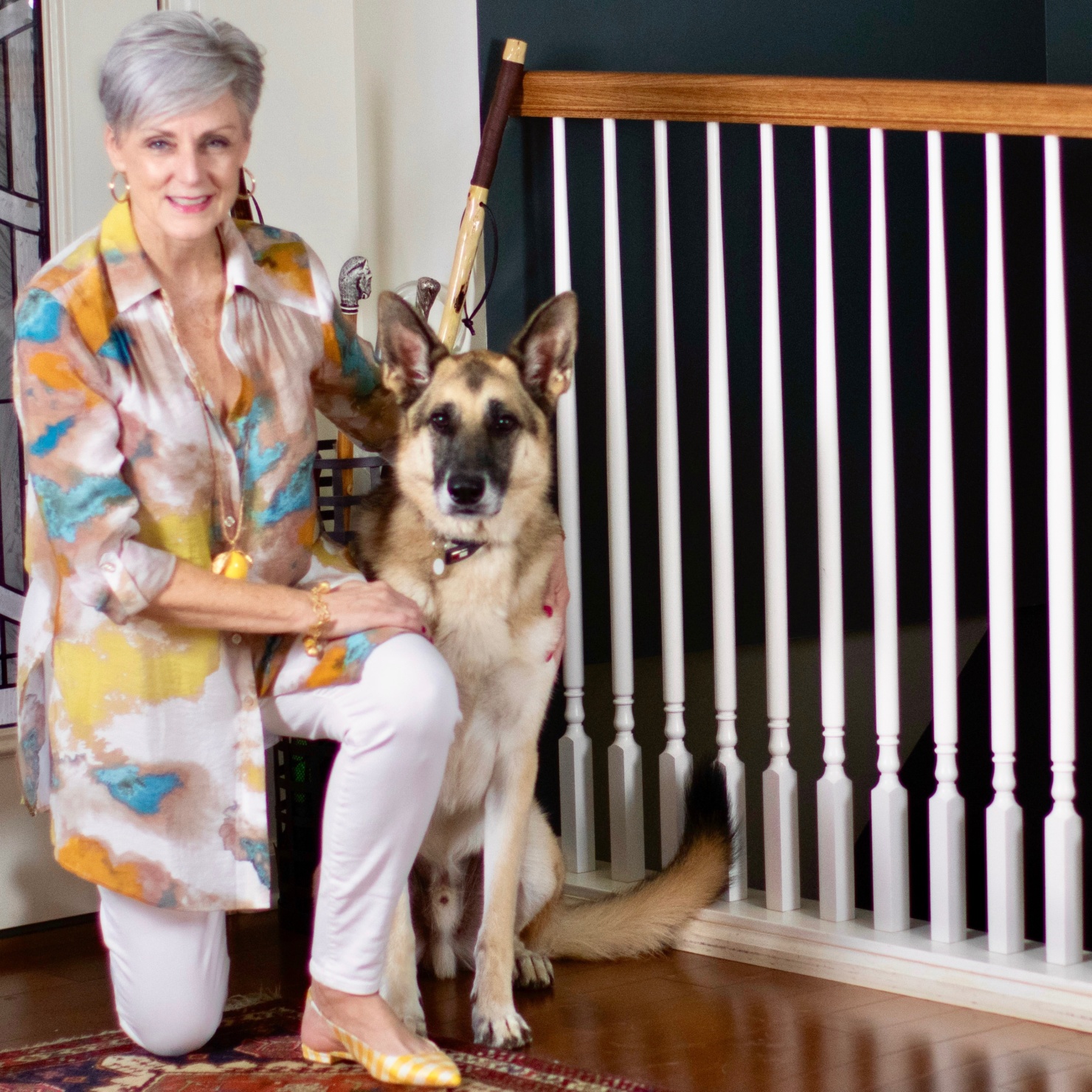 watercolor tunic, white denim and gingham slingbacks