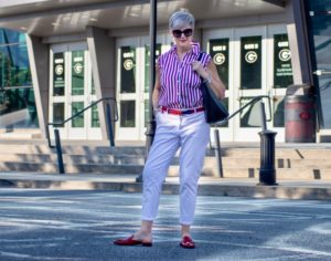 striped top and white chinos