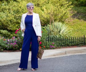 blue jumpsuit and white blazer