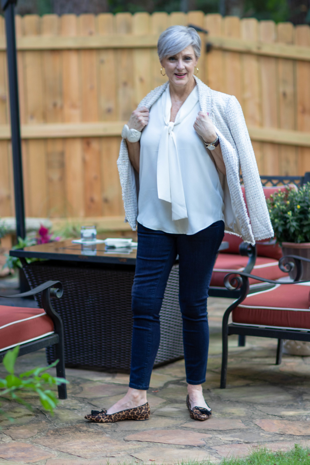 ann taylor bow blouse, sailor jeans, leopard flats