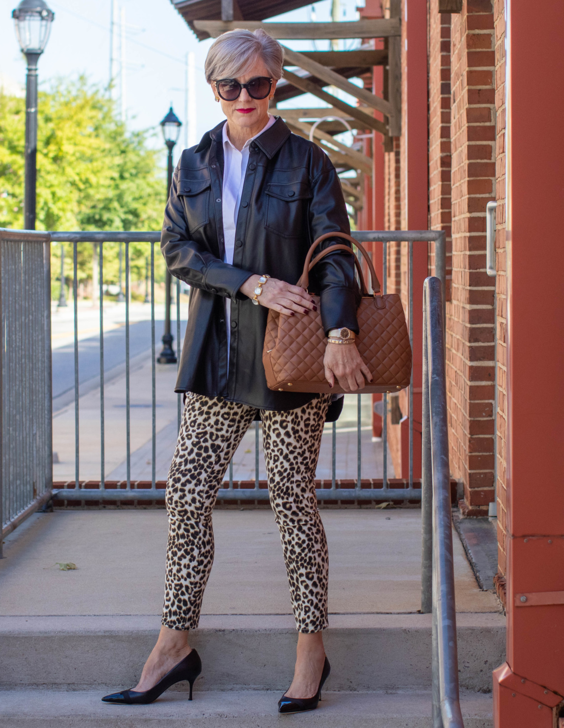 Leather shirt and leopard jeans for a fun, chic fall look