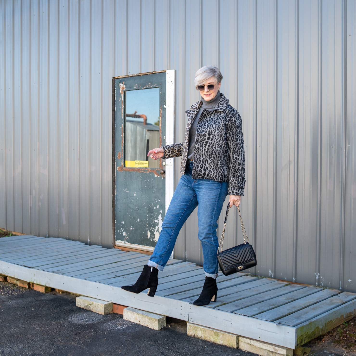 leopard jackets and suede booties