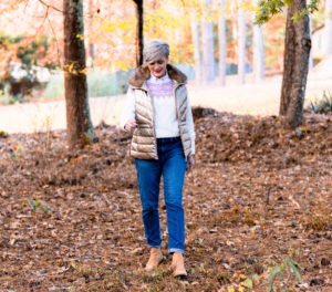 perfectly preppy puffer vest with a fair isle sweater