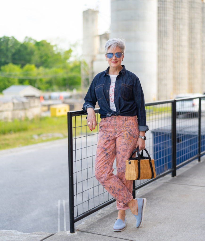 chinos, graphic tee and denim shirt