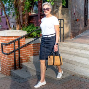 back to basics white tee and denim skirt