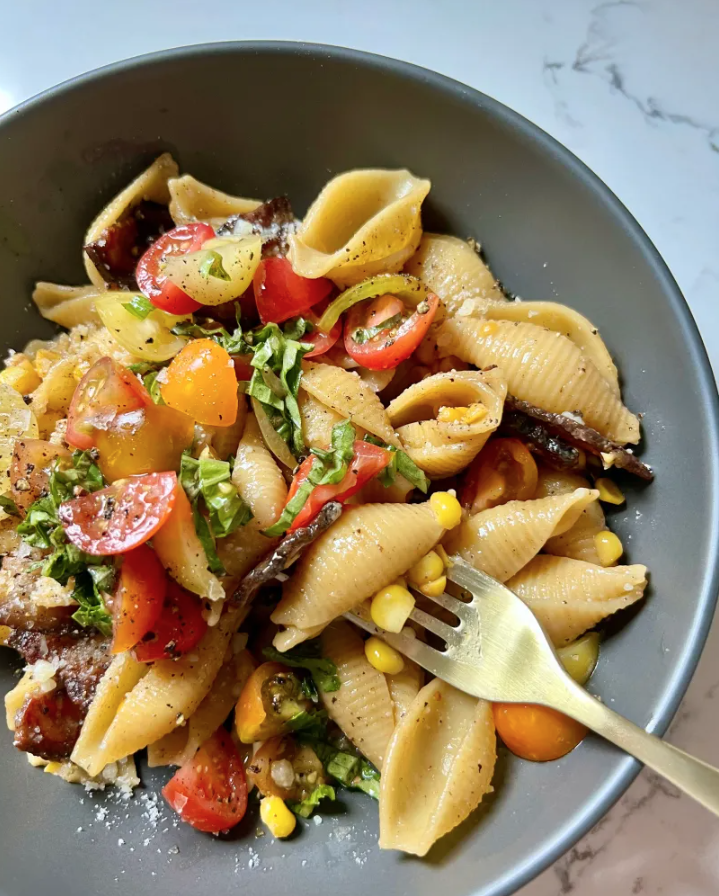 Bacon and Corn Pasta with Tomato Salad