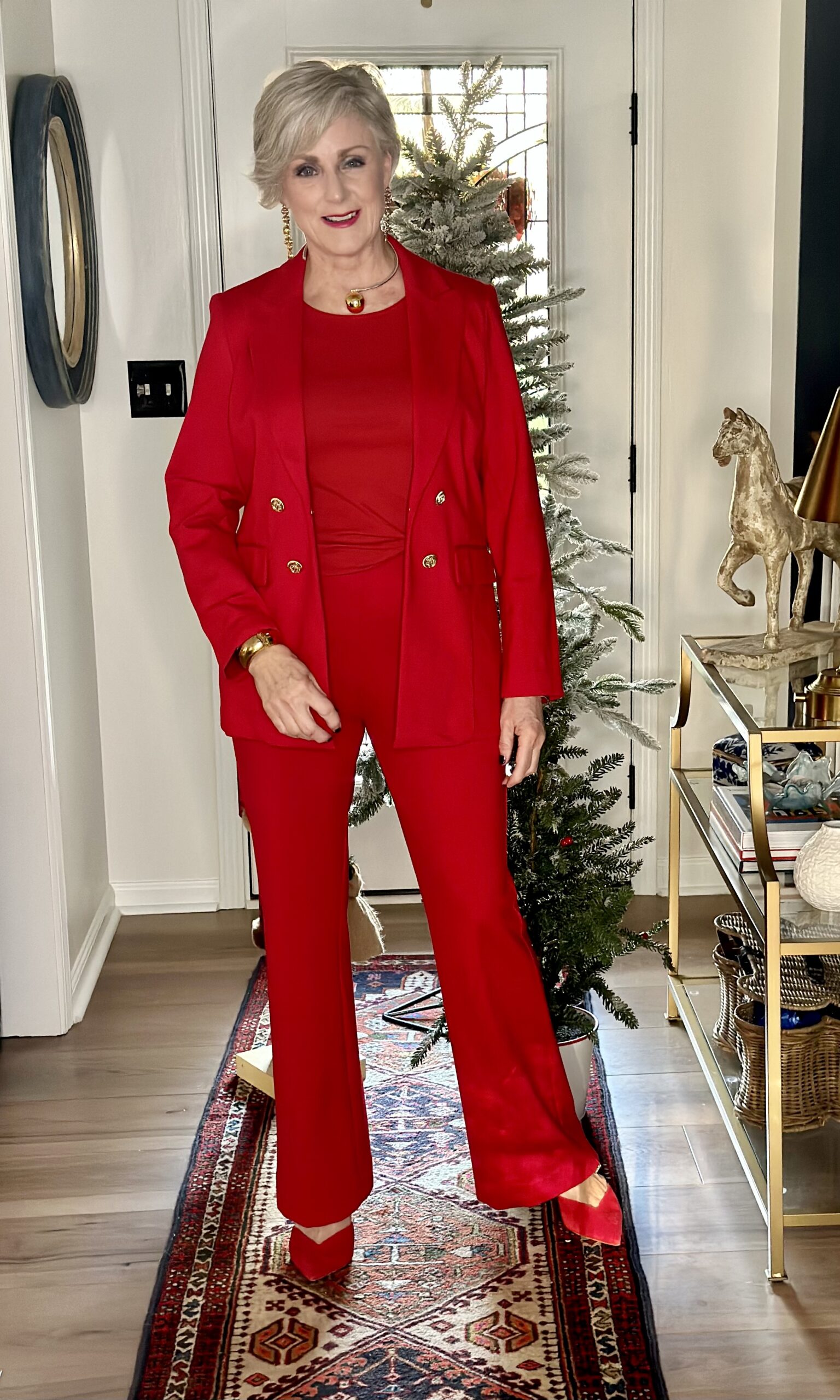 red blazer and red pants