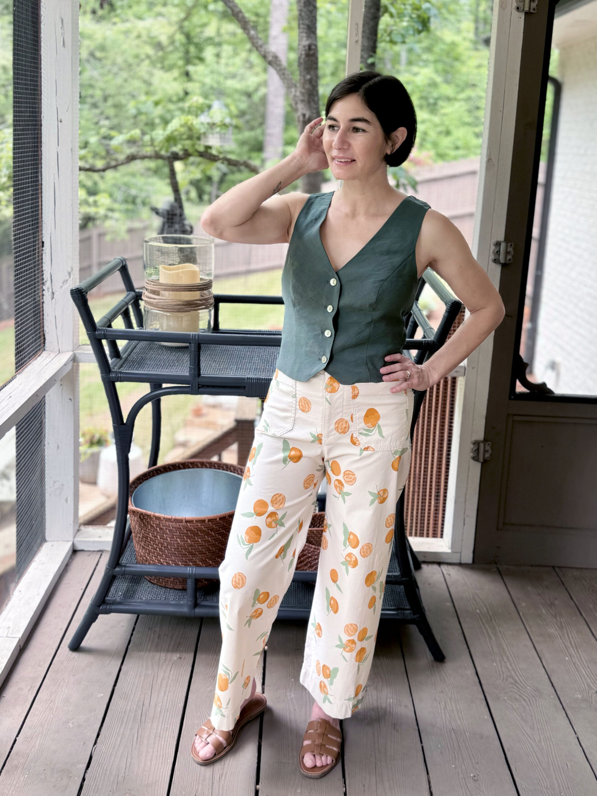 Spring Greens and orange trousers