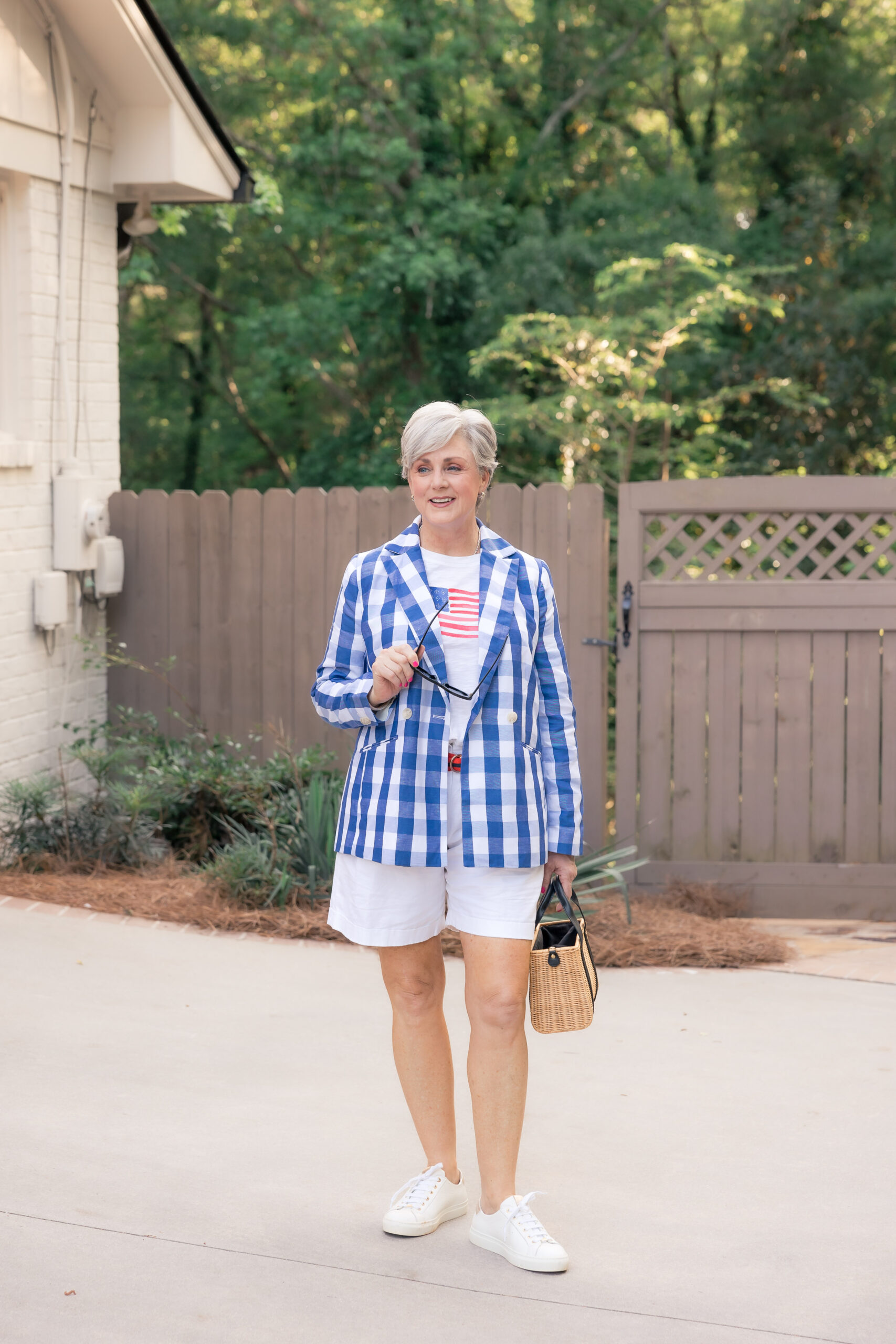 flag tee and white shorts