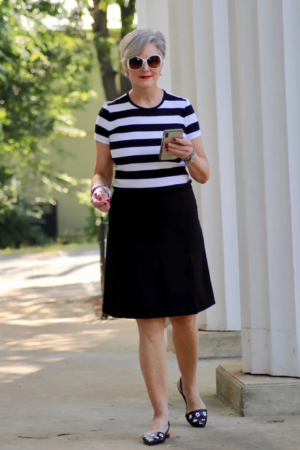 black skirt and tee