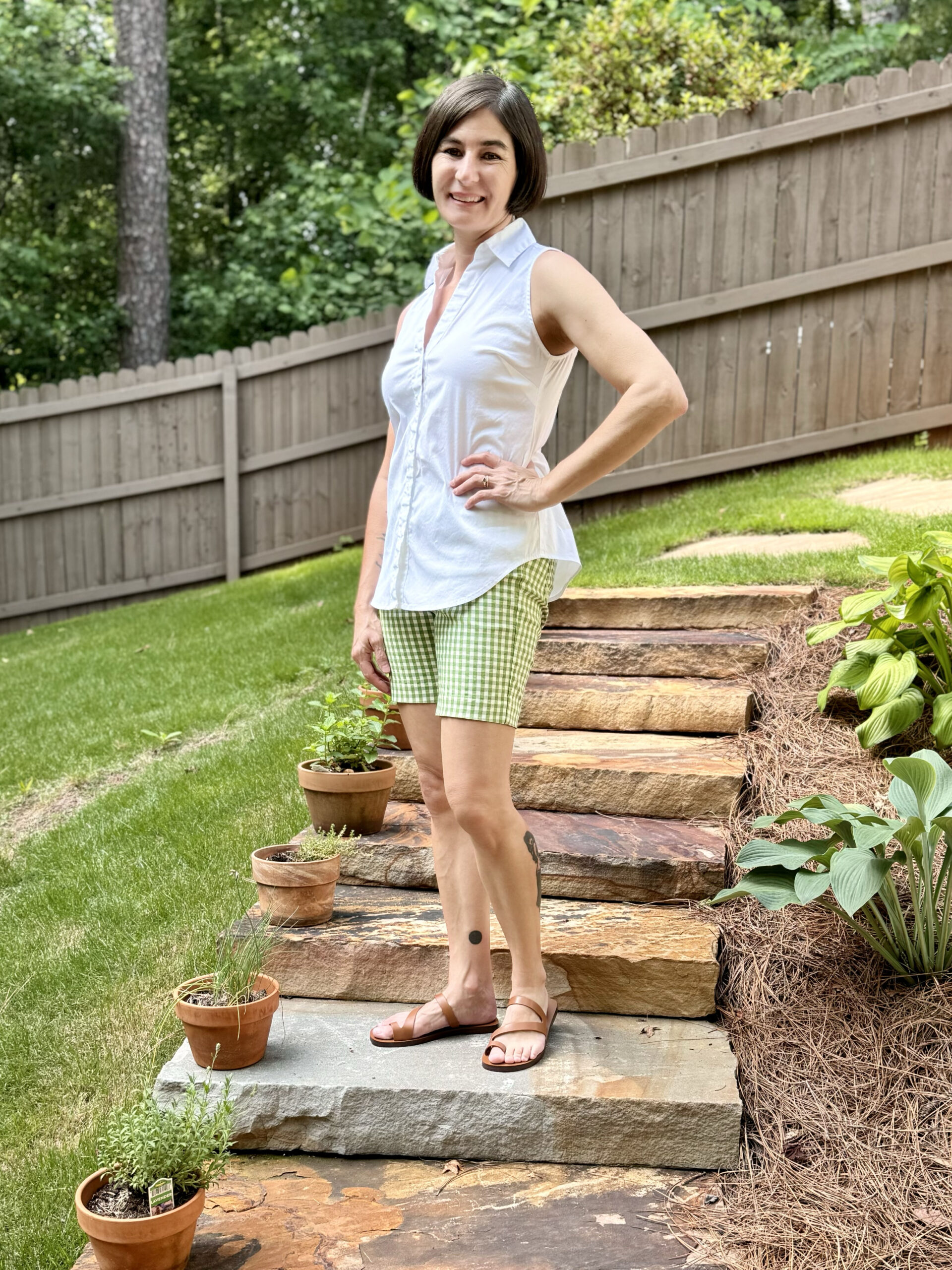 sleeveless shirt gingham shorts