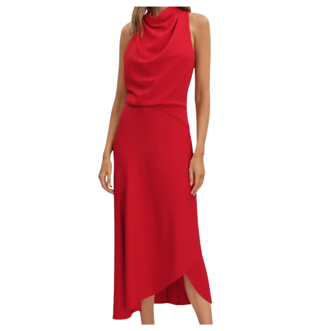 cowl neck sleeveless tulip dress