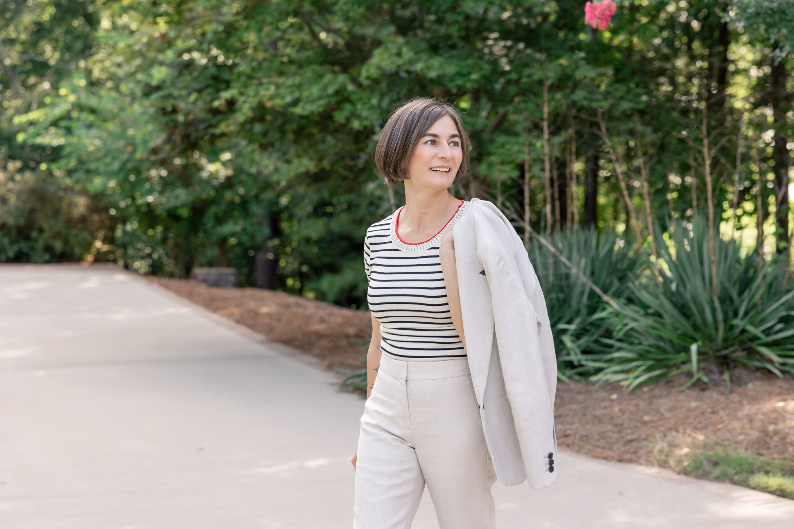 striped tee and blazer outfit