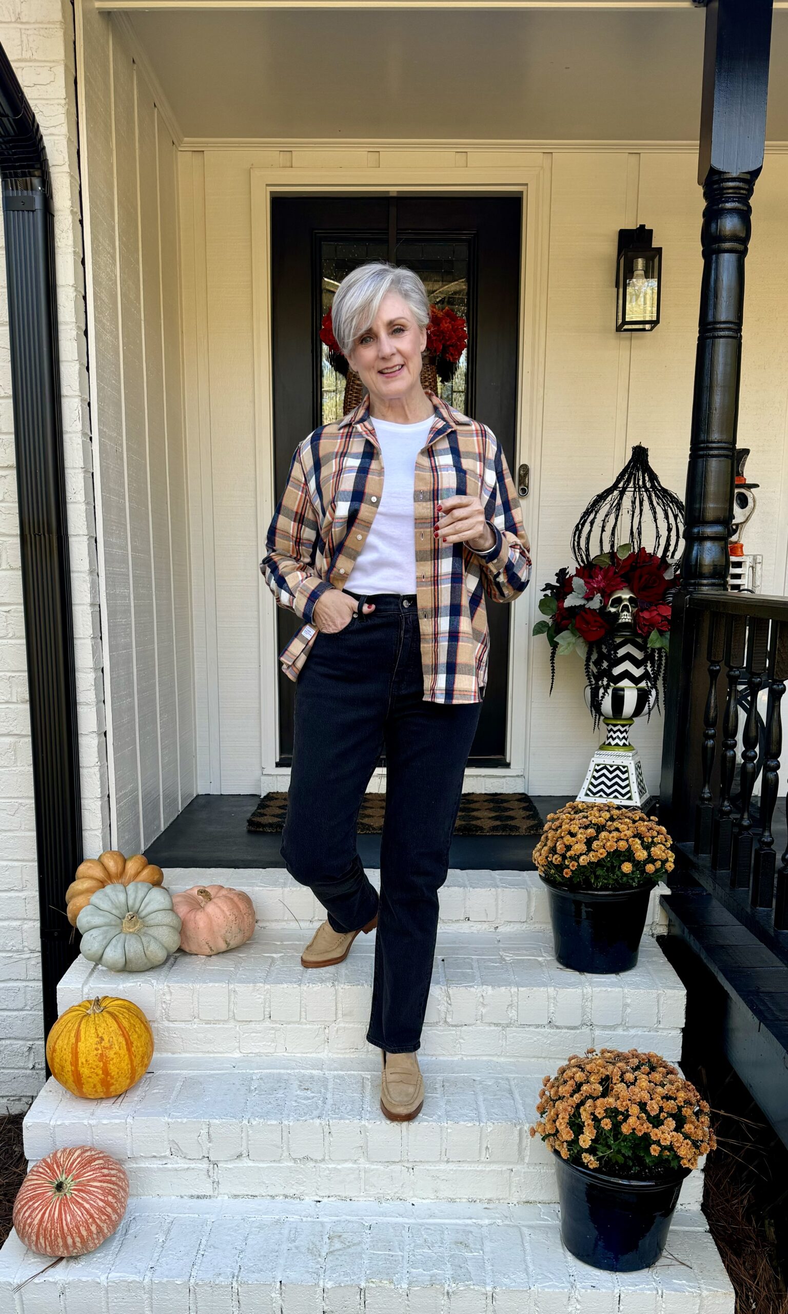 plaid button up with jeans