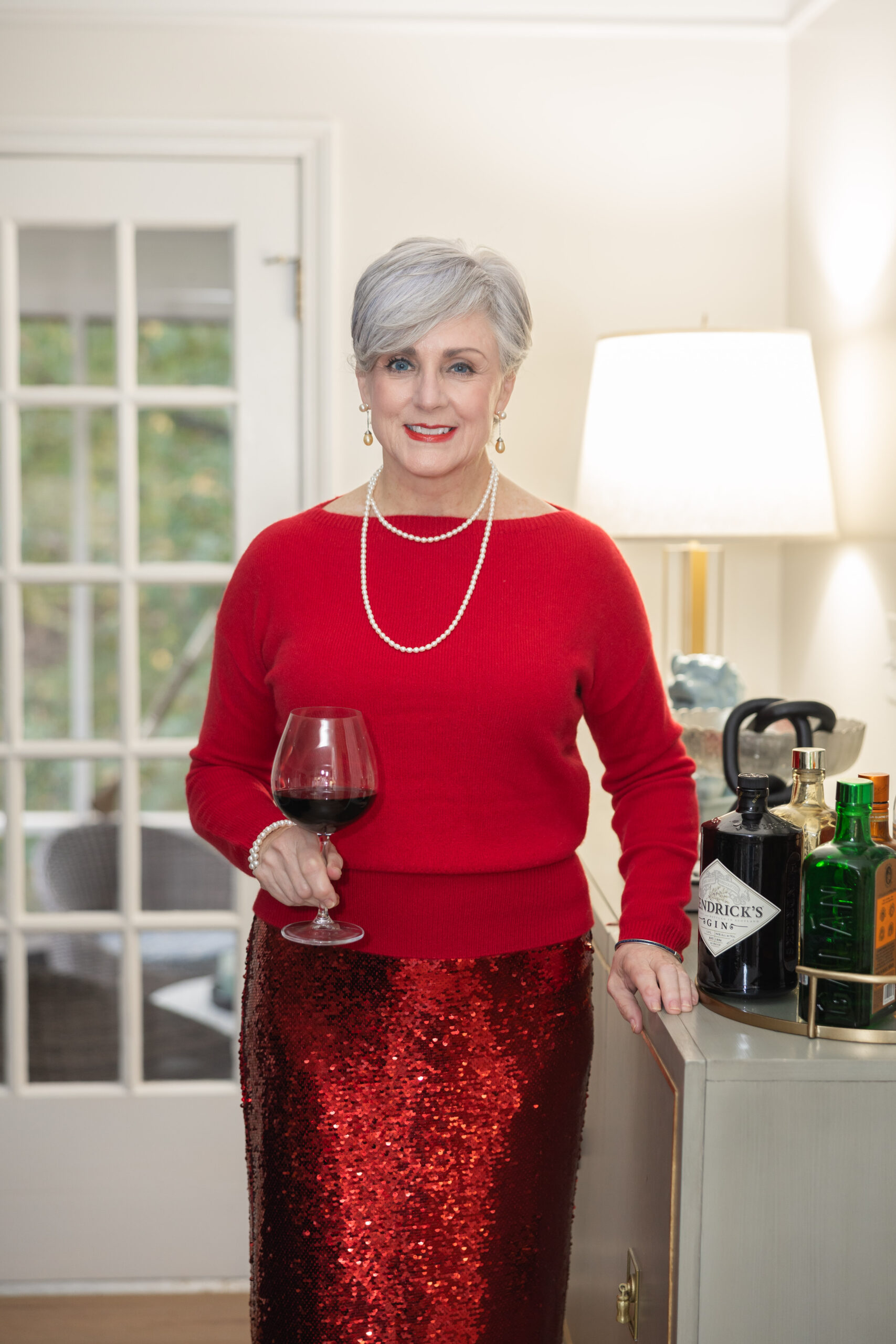 red sequin skirt and red sweater