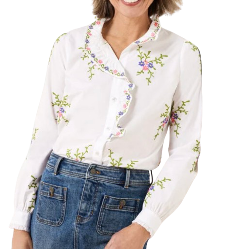 Talbots Lattice Embroidered Ruffle Shirt